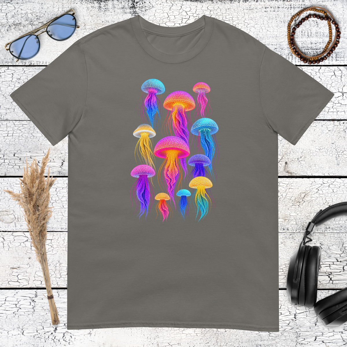 Vibrant jellyfish graphic with psychedelic ocean details on a charcoal t-shirt
