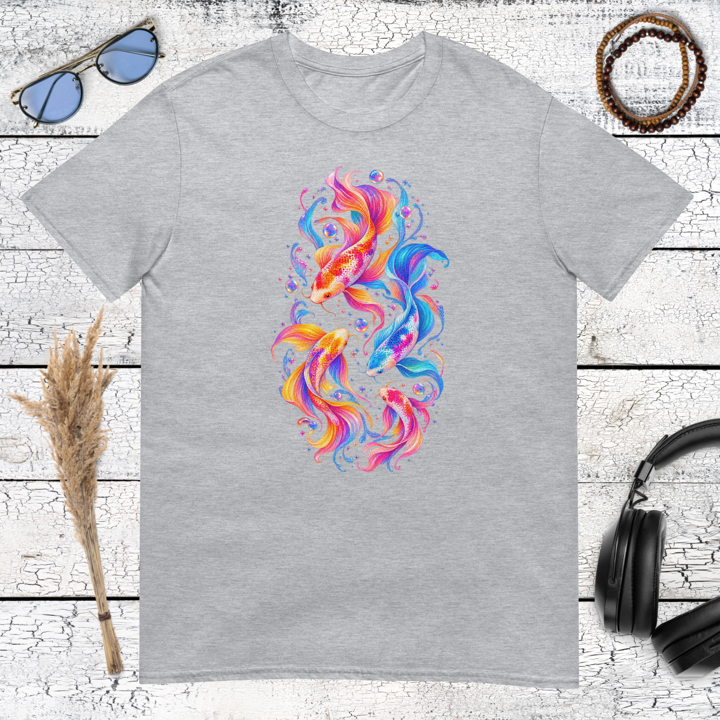 Decorative colourful koi fish graphic printed on a sport grey t-shirt