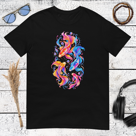 Colourful koi fish graphic in a psychedelic composition printed on a black t-shirt