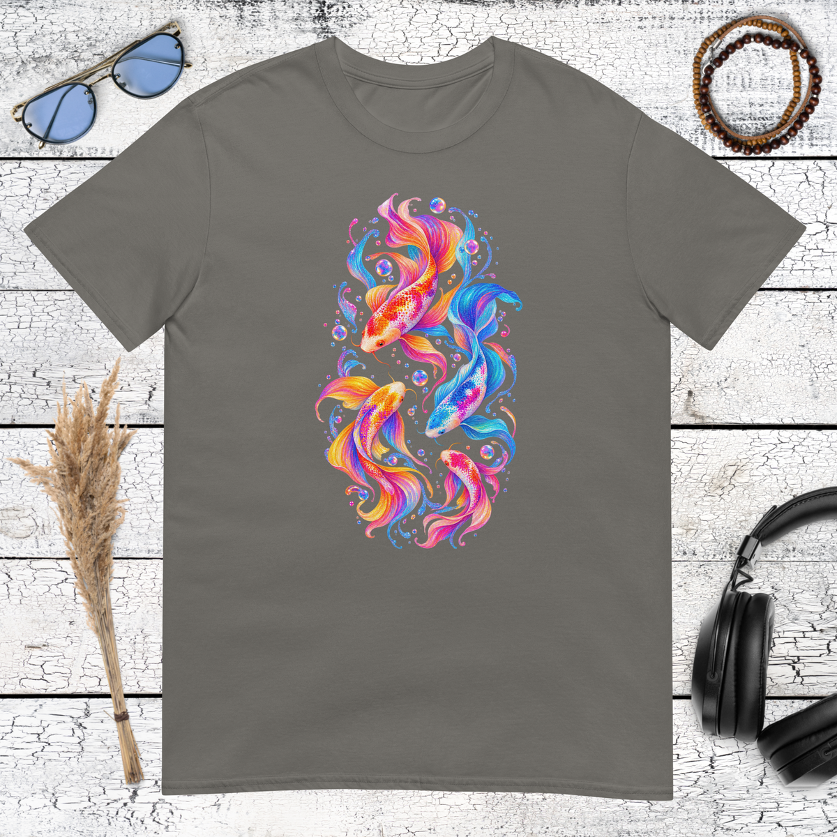Vibrant koi fish graphic with psychedelic details printed on a charcoal t-shirt