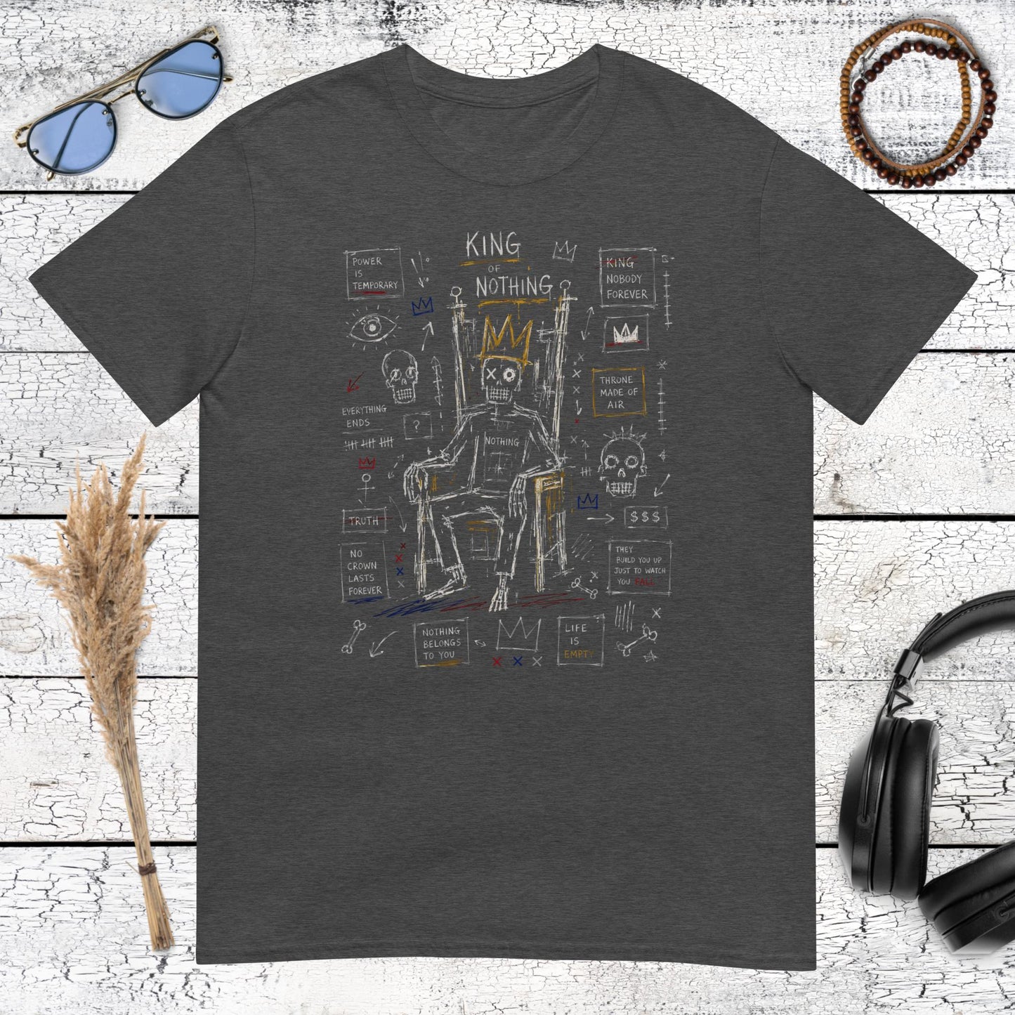Neo-expressionist crowned king artwork with geometric symbols on a dark heather grey t-shirt