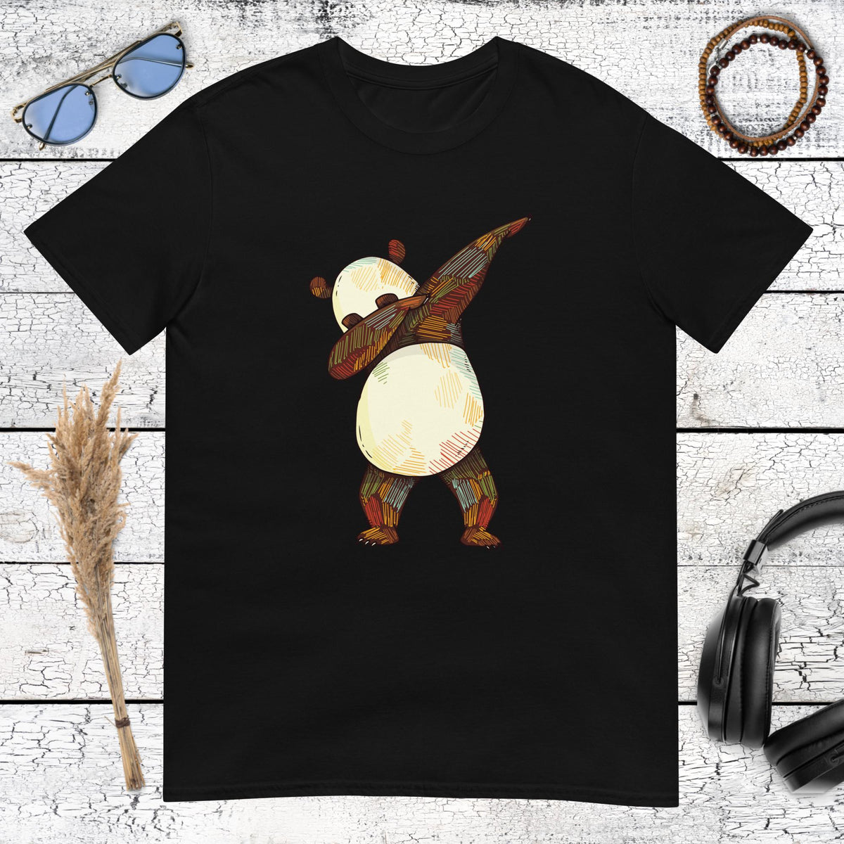 Graphic Black Tee	High contrast illustration of a panda doing the dab dance on a black t-shirt