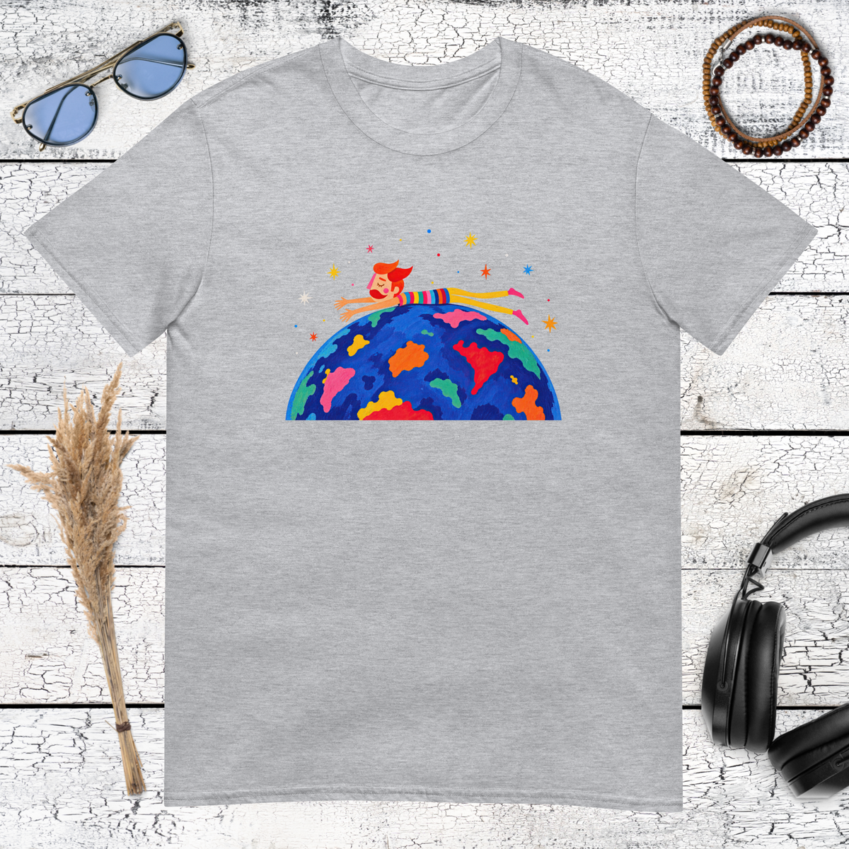 Colourful planet Earth with a small figure travelling across it on a sport grey t-shirt