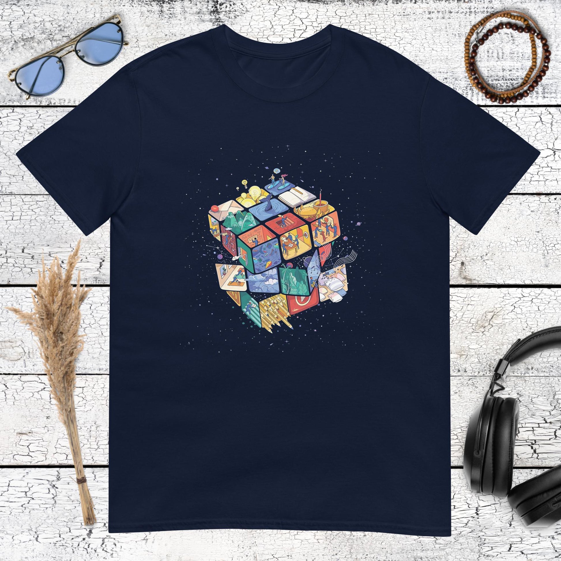 Surreal Rubik's cube bursting with stars and galaxies on a navy blue t-shirt