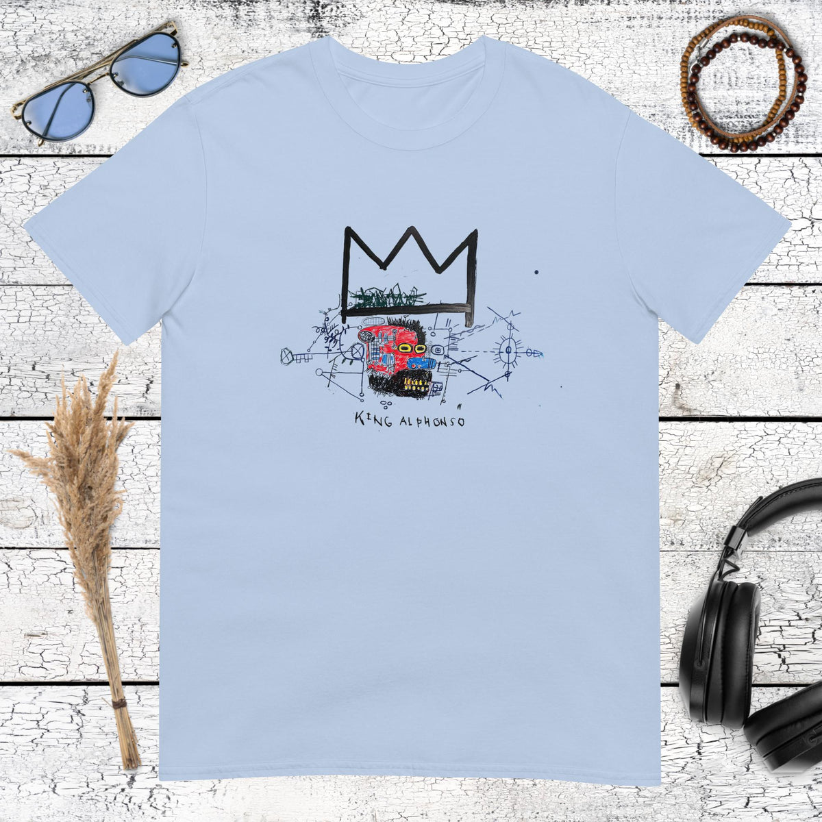 Basquiat-inspired crown skull graphic printed on a light blue t-shirt