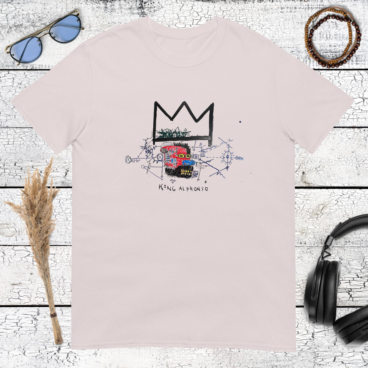 Basquiat-inspired crown skull artwork printed on an ice grey t-shirt