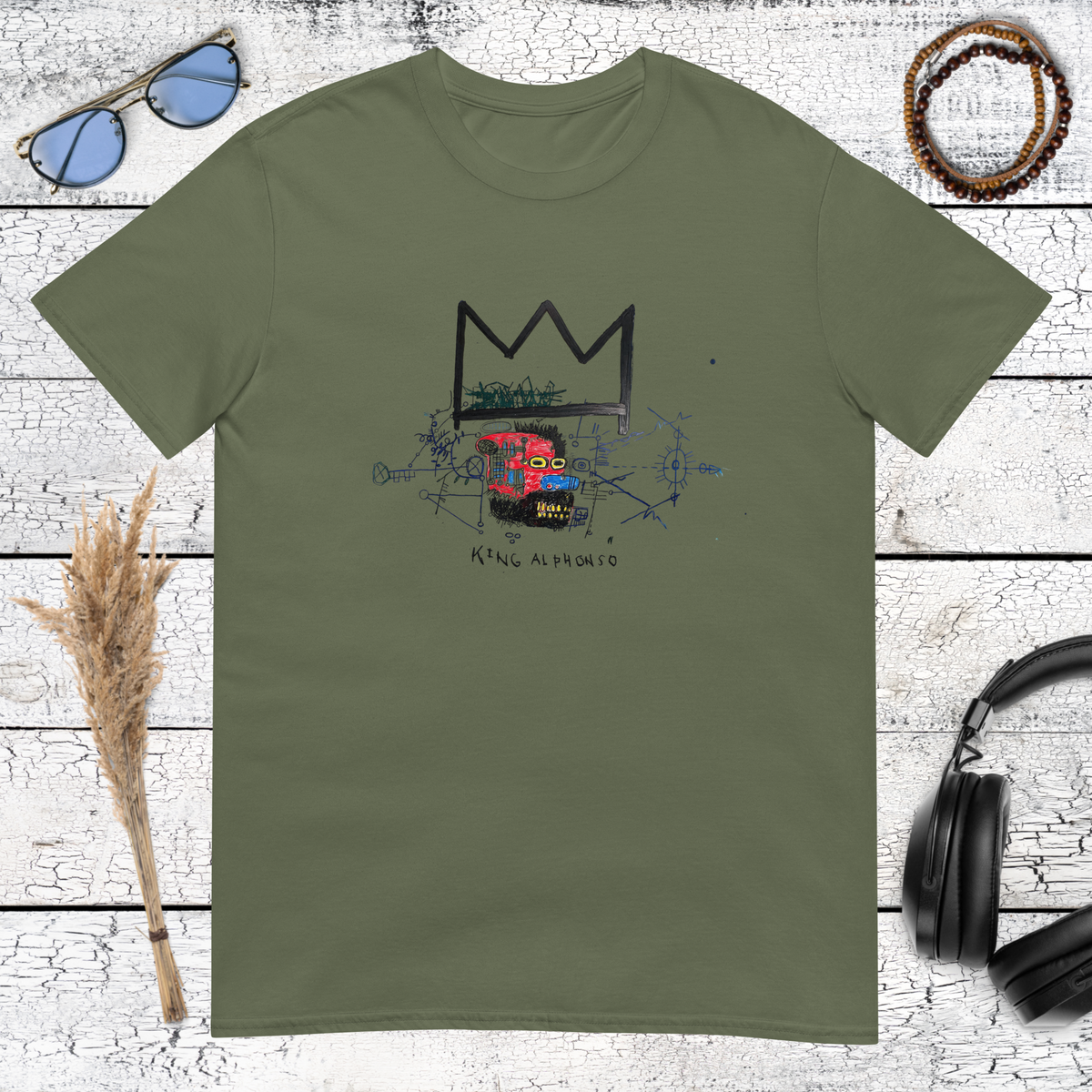 Neo-expressionist crown skull graphic printed on a military green t-shirt