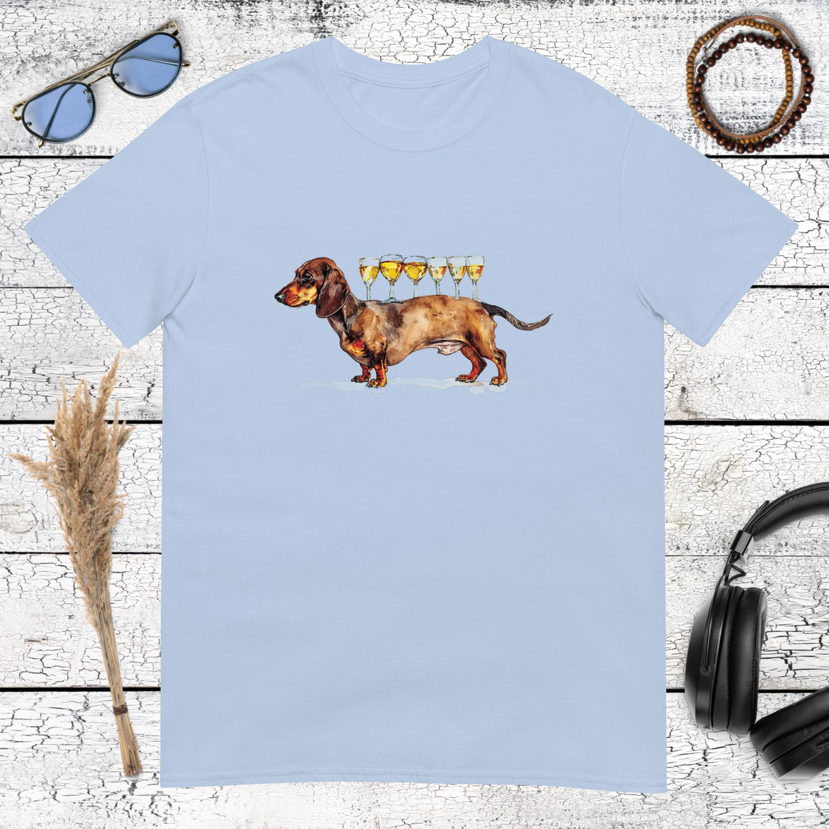 Soft and whimsical dachshund illustration with wine glasses on a light blue t-shirt