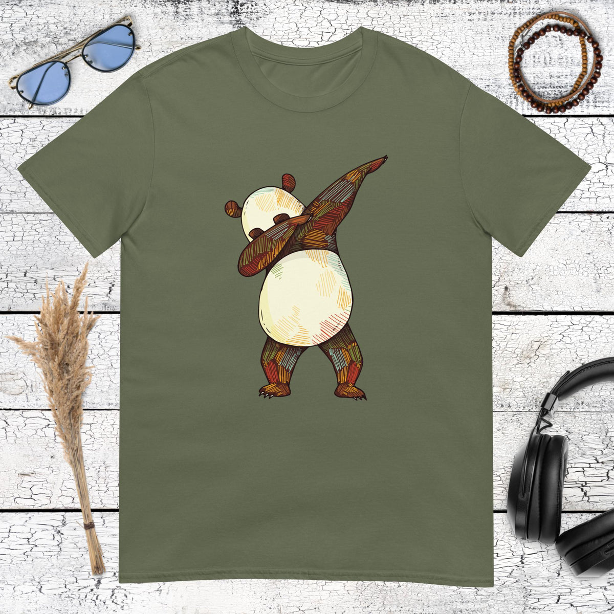 Cool dabbing panda illustration printed on a military green t-shirt