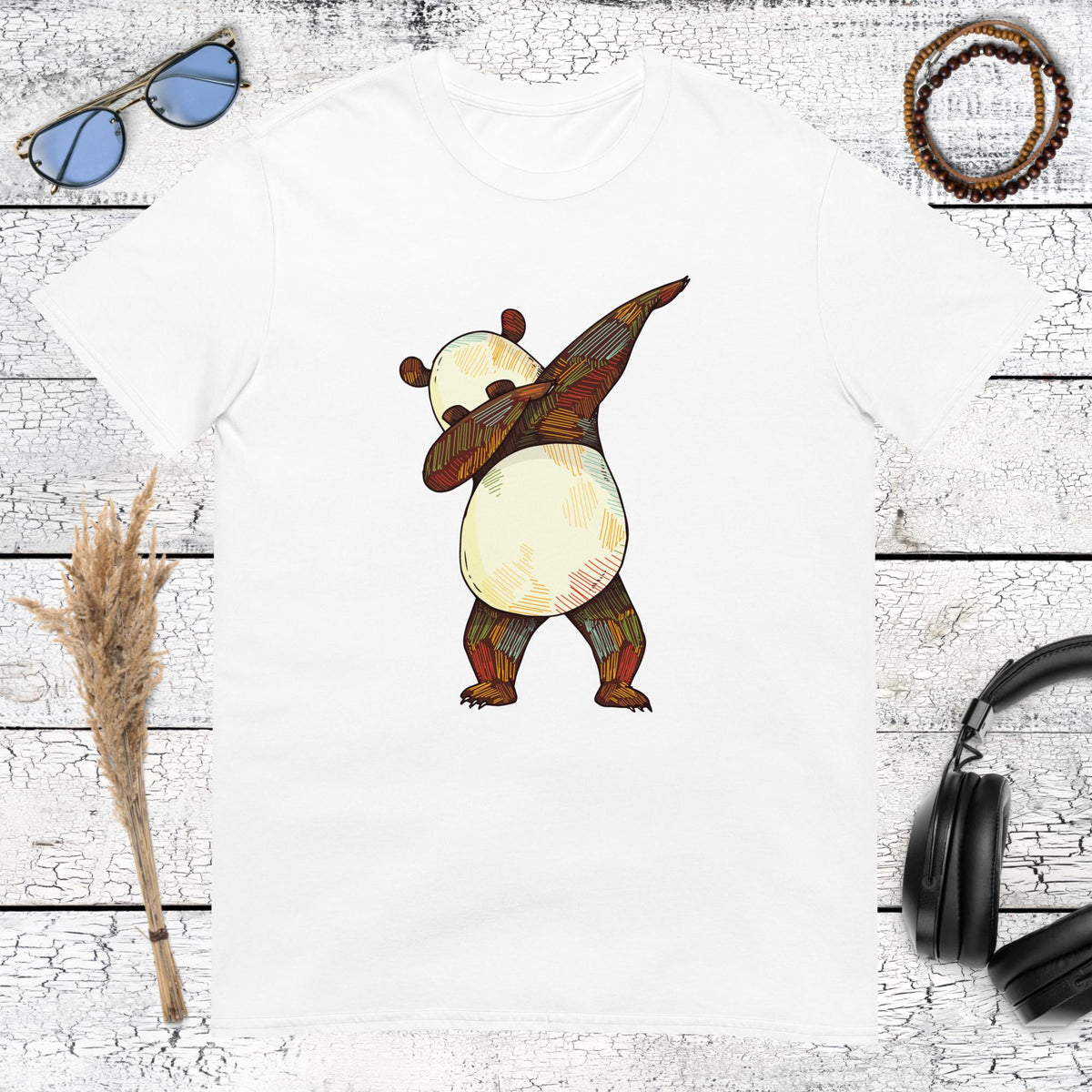 Cute dabbing panda illustration with watercolor effect on a white t-shirt