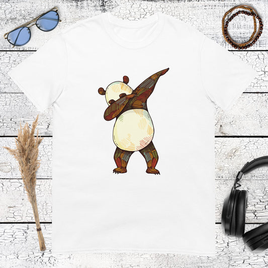 Cute dabbing panda illustration with watercolor effect on a white t-shirt
