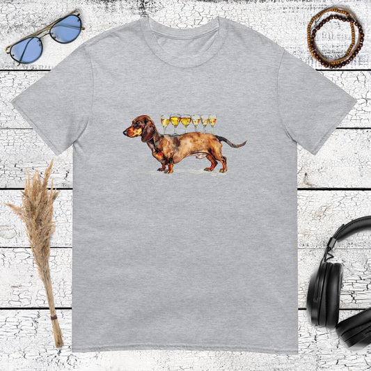 Humorous illustration of a dachshund balancing champagne glasses on its back on a sport grey t-shirt