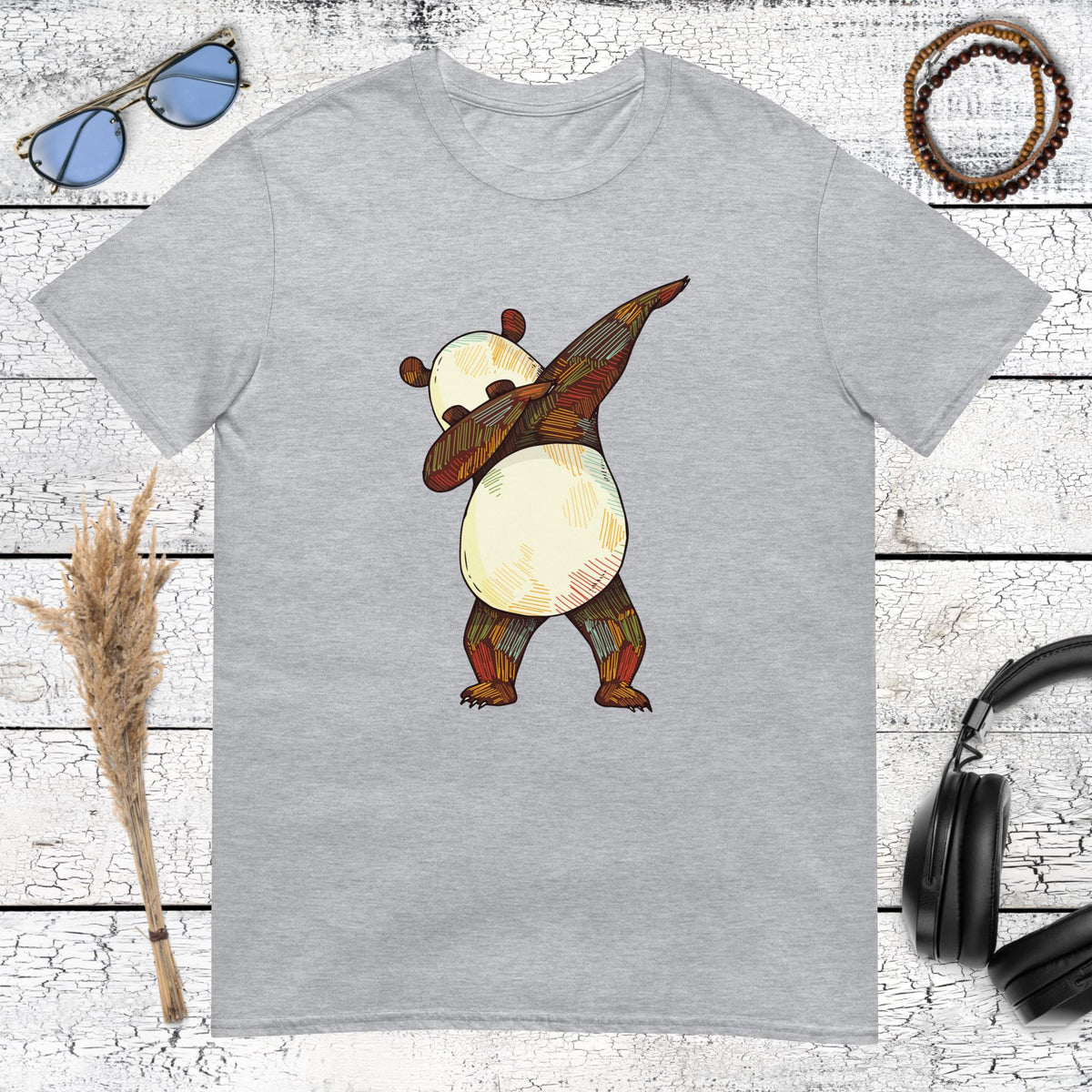 Retro dabbing panda graphic with artistic details on a sport grey t-shirt