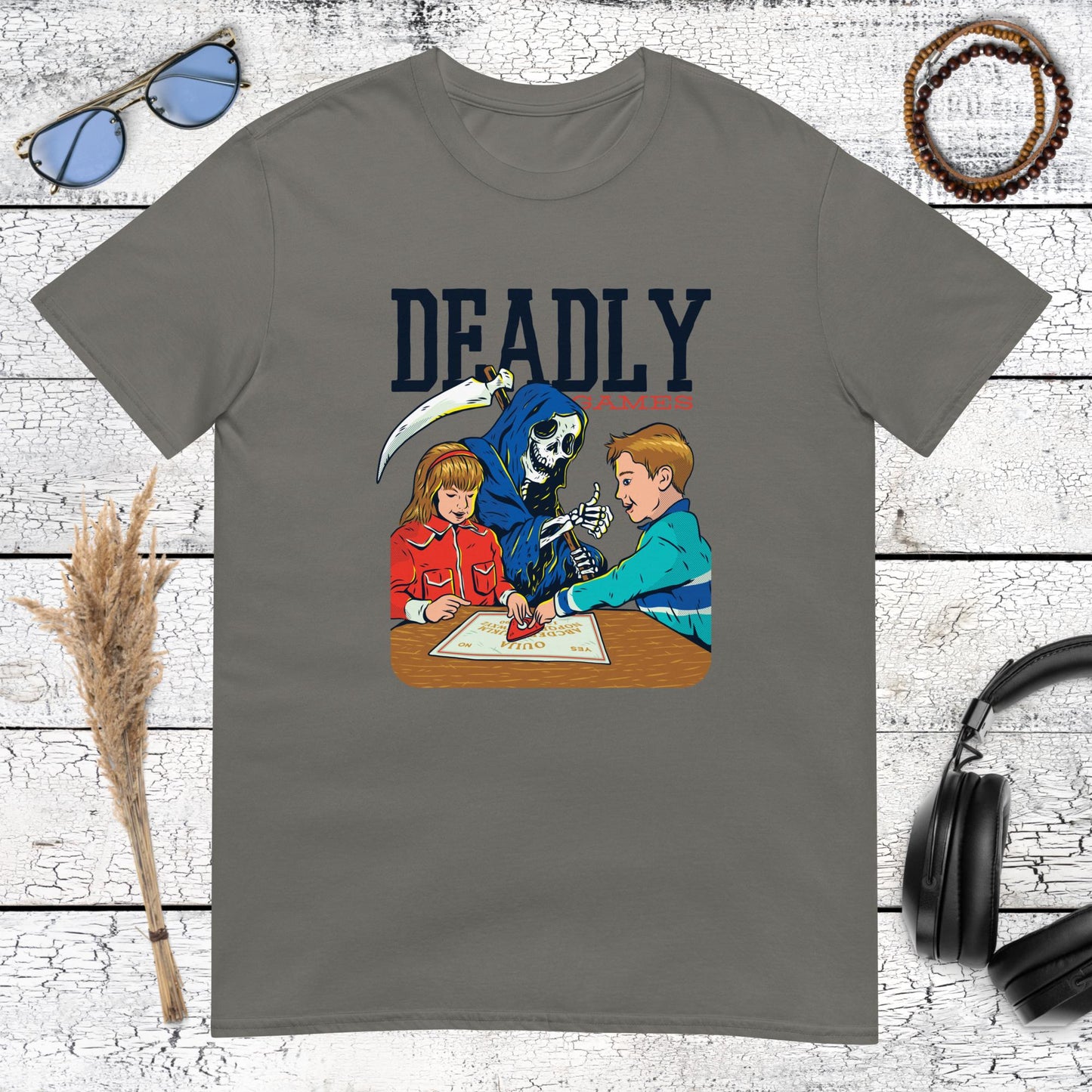 Edgy charcoal t-shirt featuring the Grim Reaper as a fellow gamer in a retro style