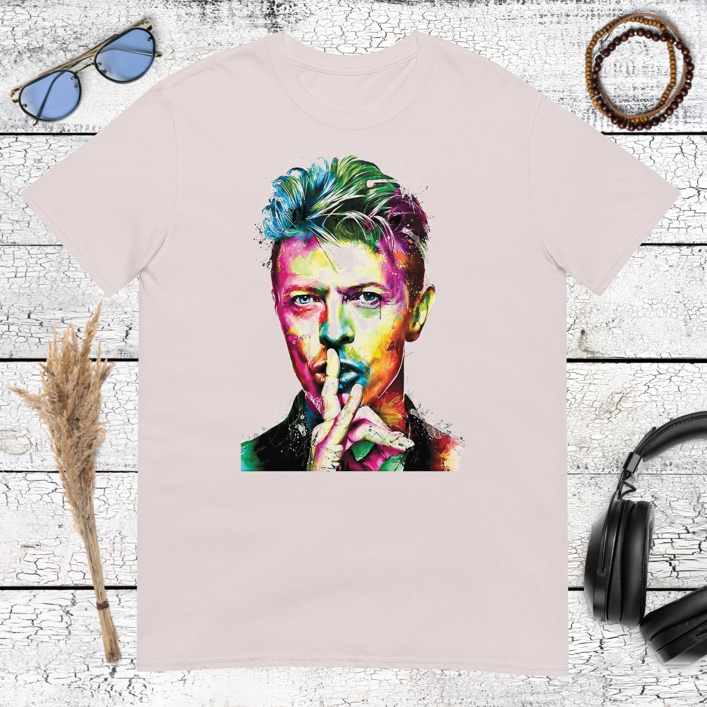 Expressive colourful David Bowie portrait graphic printed on an ice grey t-shirt