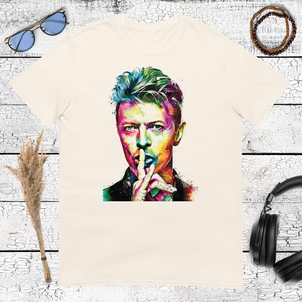 Artistic David Bowie portrait graphic printed on a natural cotton t-shirt