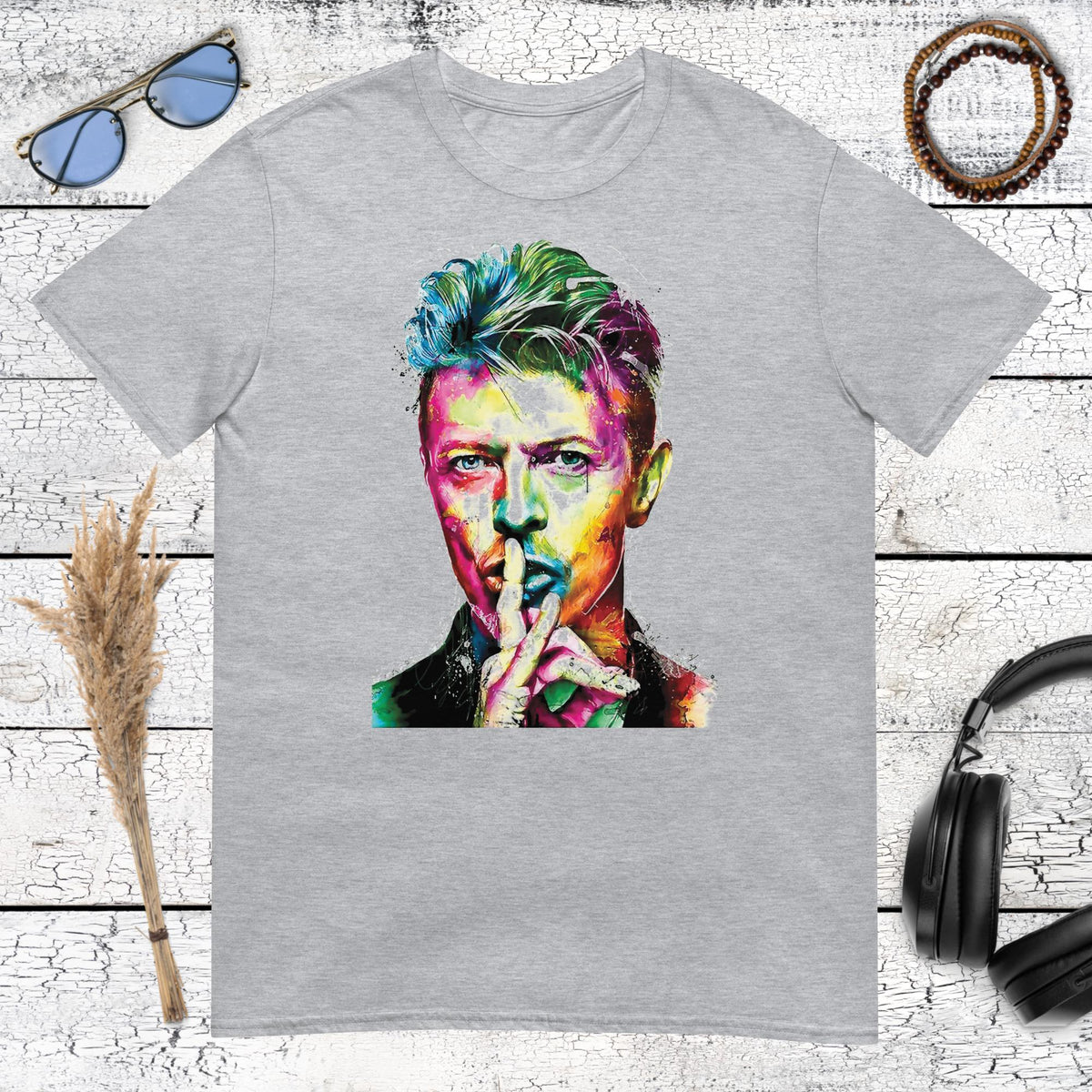 Colourful David Bowie portrait printed on a sport grey t-shirt