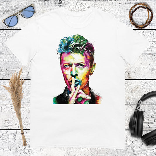 Colourful David Bowie portrait with expressive paint textures printed on a white t-shirt