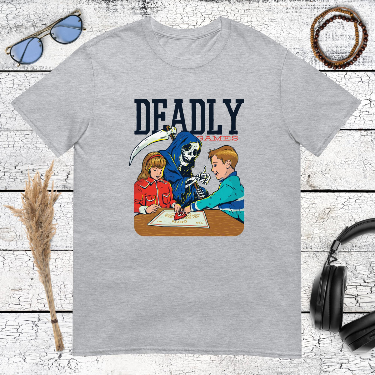Humorous illustration of the Grim Reaper playing video games with kids on a sport grey t-shirt