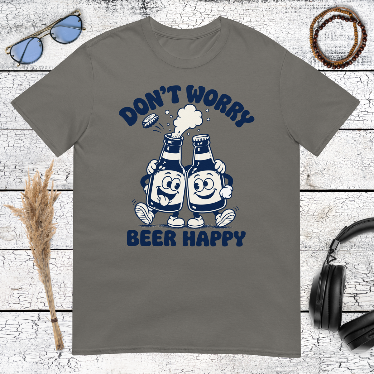 Don’t Worry Beer Happy lettering and beer graphic printed on a charcoal t-shirt