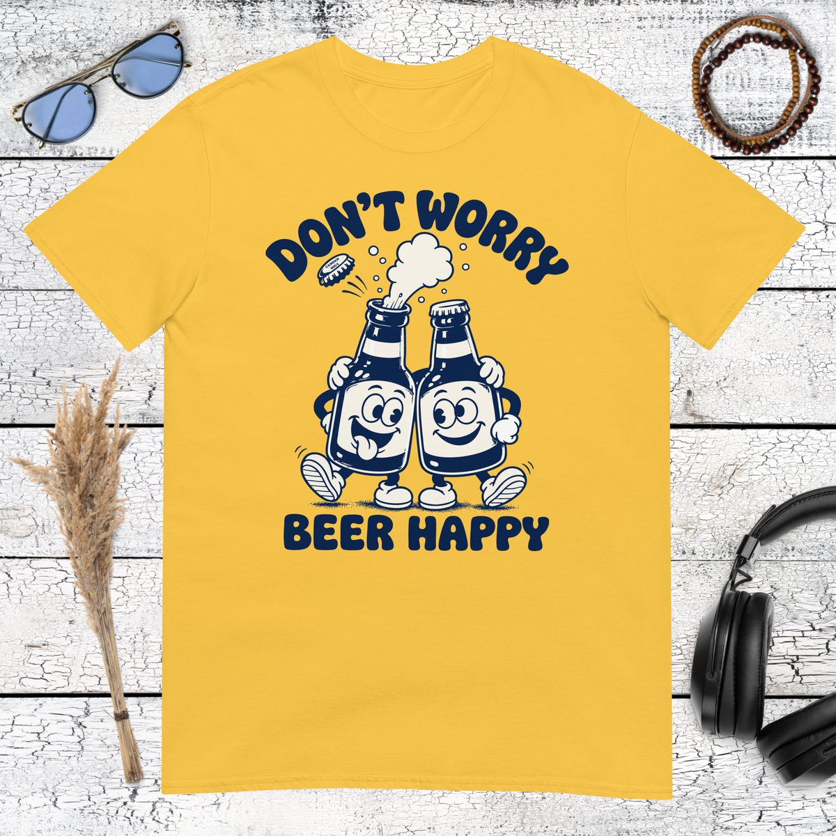 Beer-themed Don’t Worry Beer Happy graphic printed on a daisy yellow t-shirt