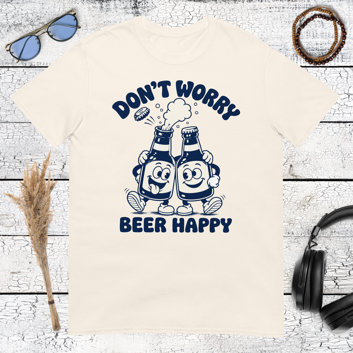 Beer-themed lettering and graphic printed on a natural cotton t-shirt