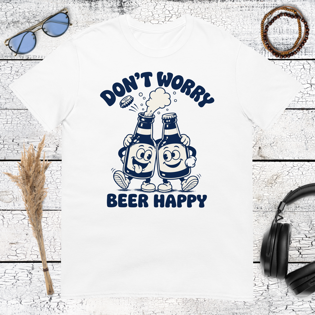 Funny beer lettering and graphic printed on a white t-shirt