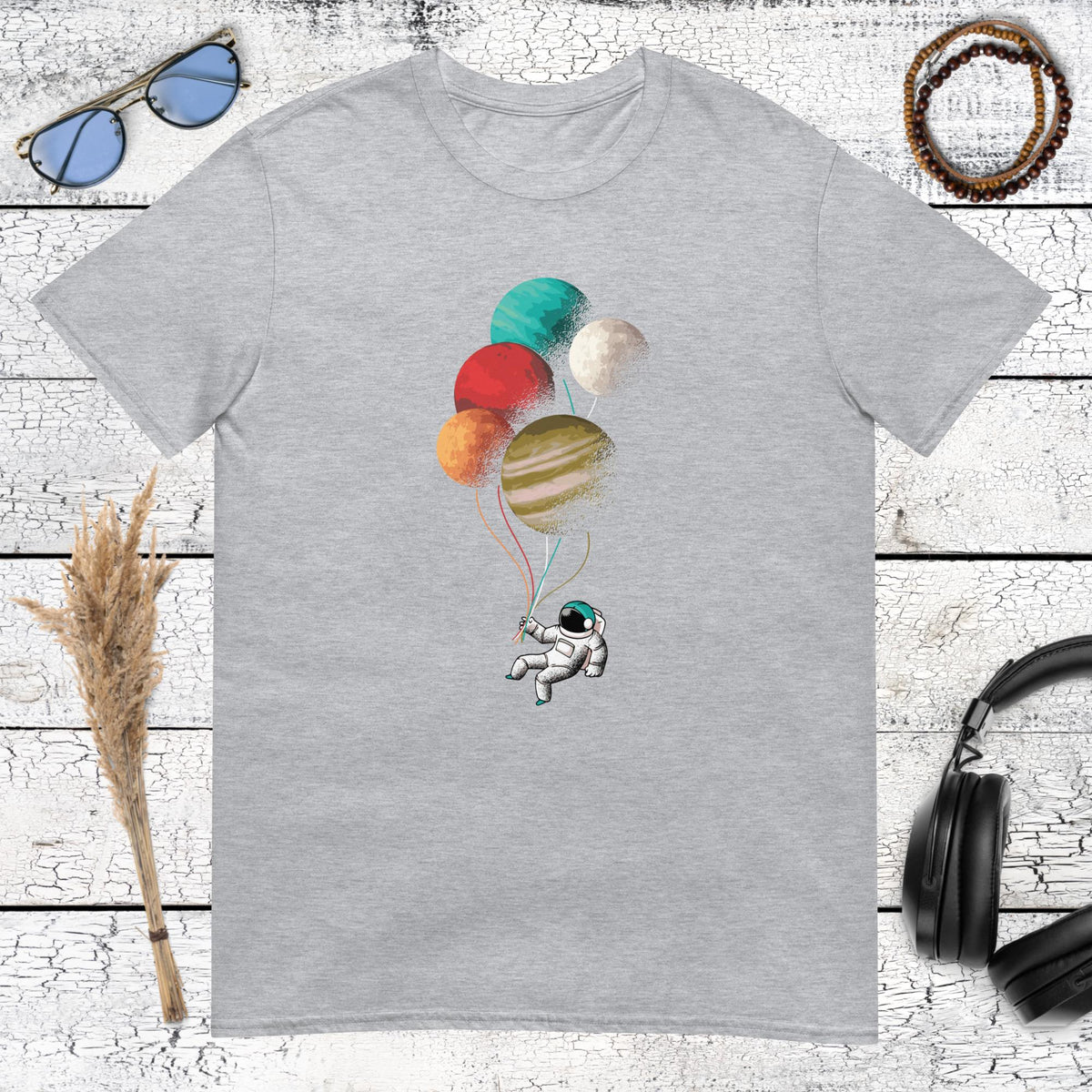 Artistic space themed astronaut and planet balloons on sport grey tee