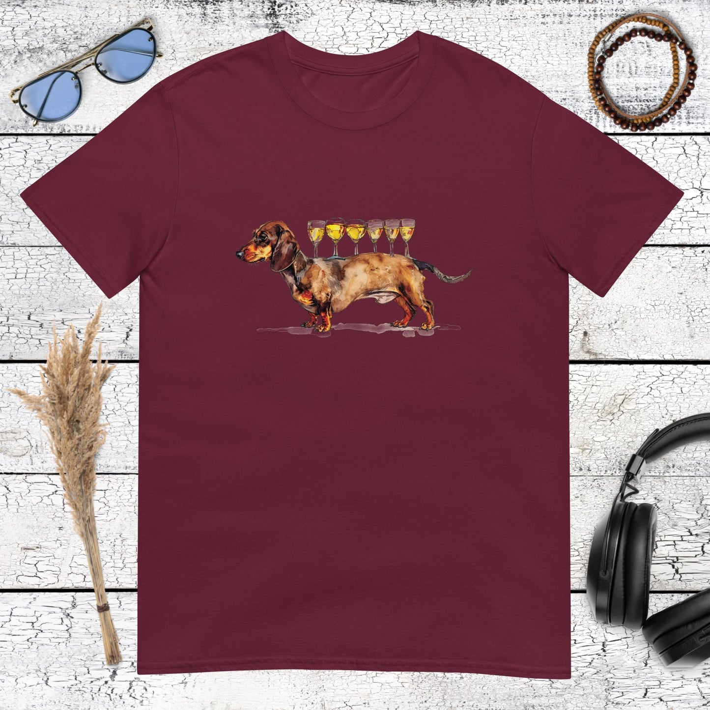Product mockArtistic pet illustration for celebratory occasions printed on a maroon t-shirtup