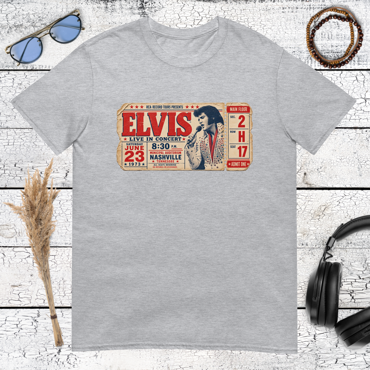 Retro Elvis concert ticket design printed on a sport grey t-shirt
