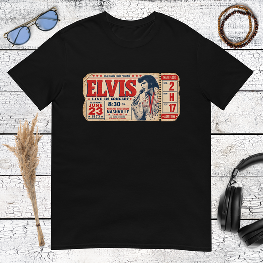 Vintage Elvis concert ticket graphic with retro lettering printed on a black t-shirt