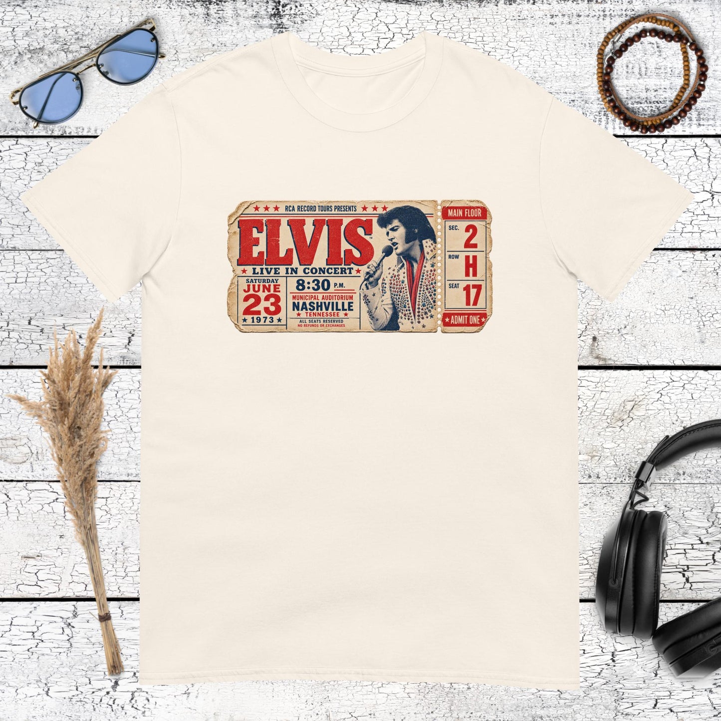 Vintage Elvis concert ticket artwork printed on a natural cotton t-shirt