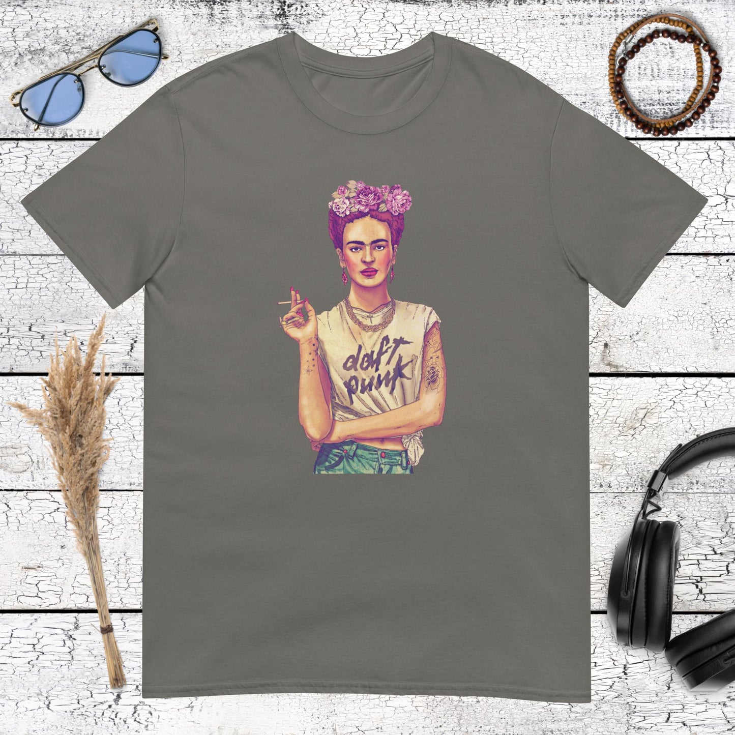 Unique graphic tee showing Frida Kahlo in a Punk shirt on a charcoal t-shirt