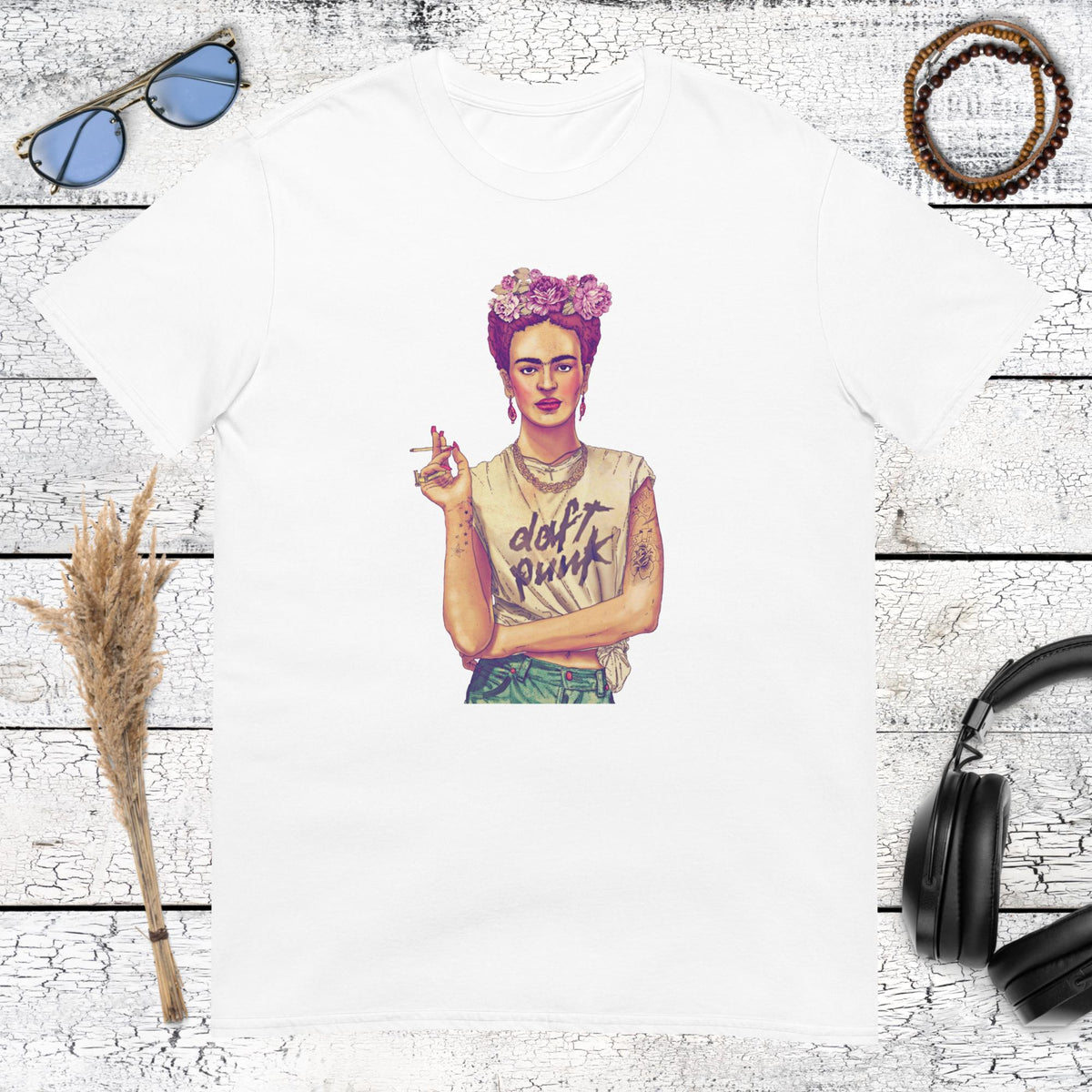 Vibrant Frida Kahlo portrait featuring a  Punk shirt on a classic white t-shirt