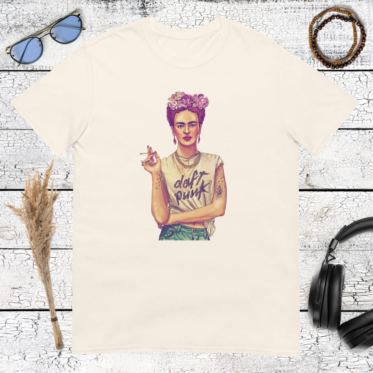 Surrealist portrait of Frida Kahlo wearing a Punk band t-shirt on a natural cotton tee