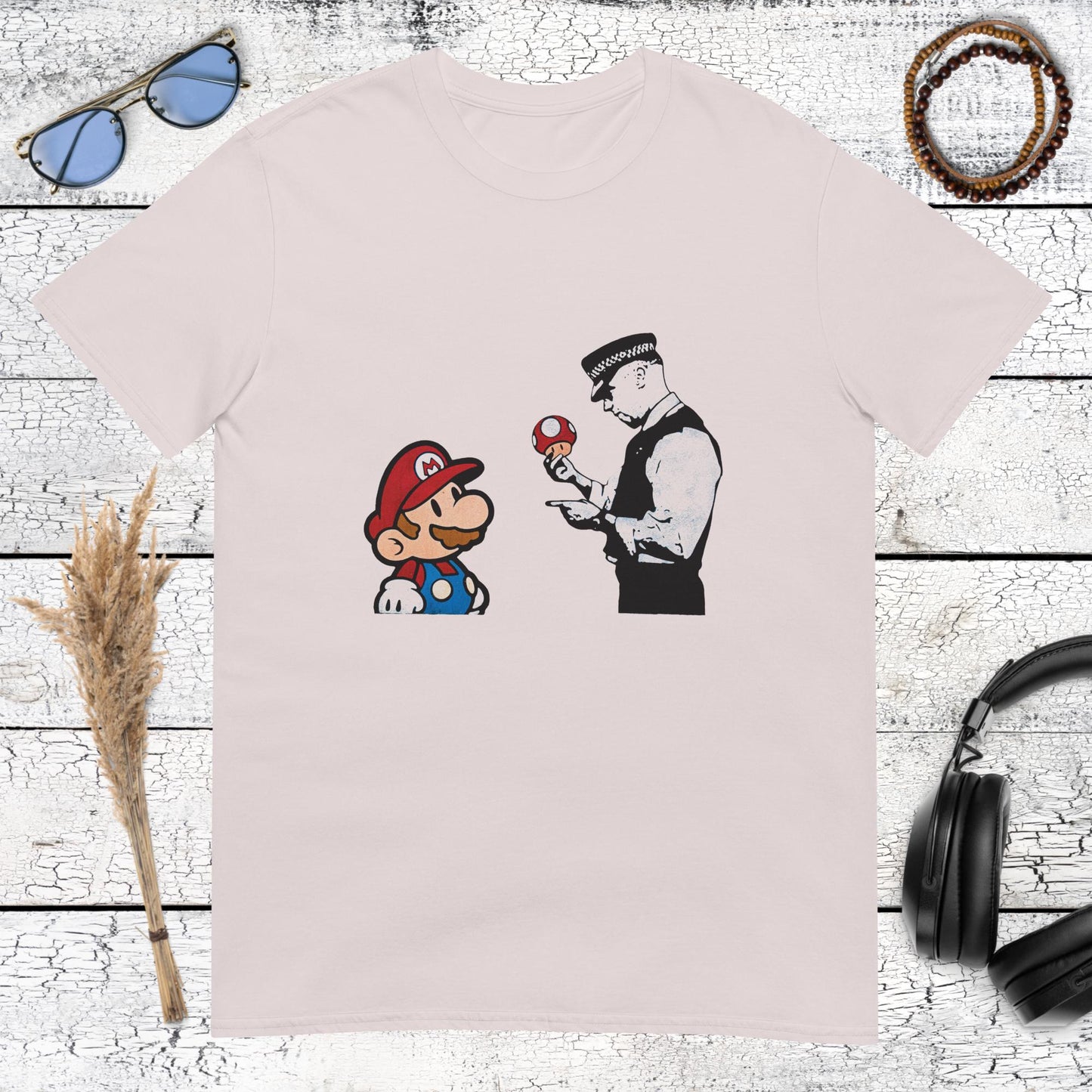 Unique Mario and policeman mashup graphic with banksy influence on a light ice grey t-shirt