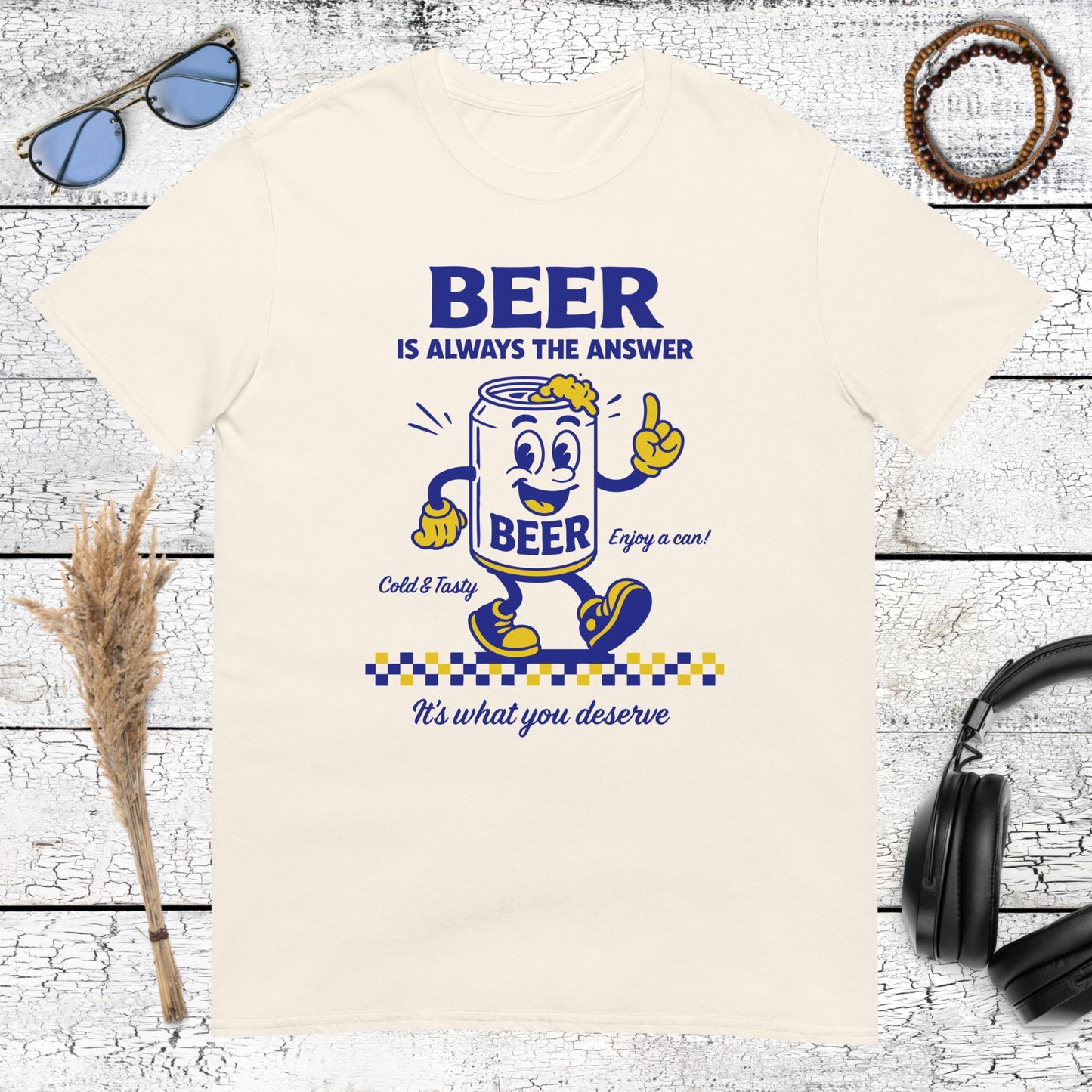 Retro style beer can mascot "Beer is always the answer" on natural shirt