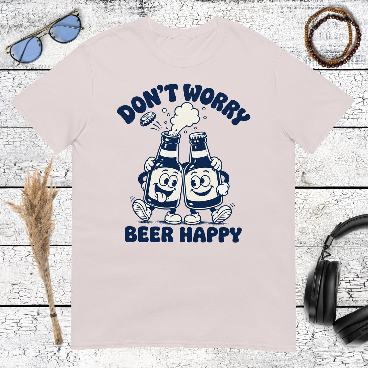 Don’t Worry Beer Happy beer graphic printed on an ice grey t-shirt