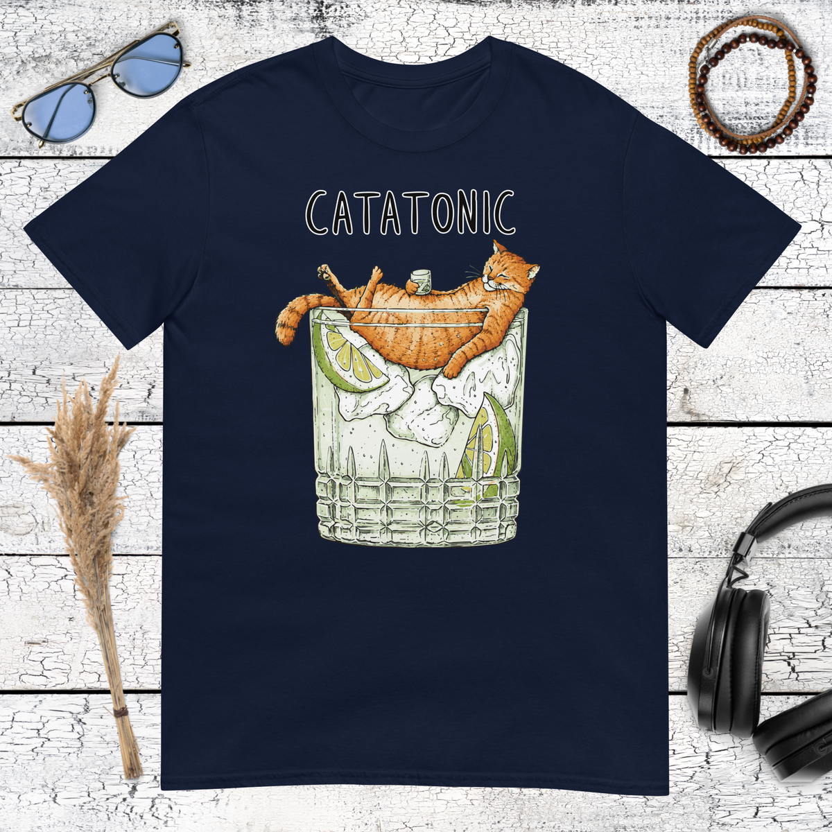 Humorous orange cat cocktail illustration with vintage lettering on a navy blue t-shirt