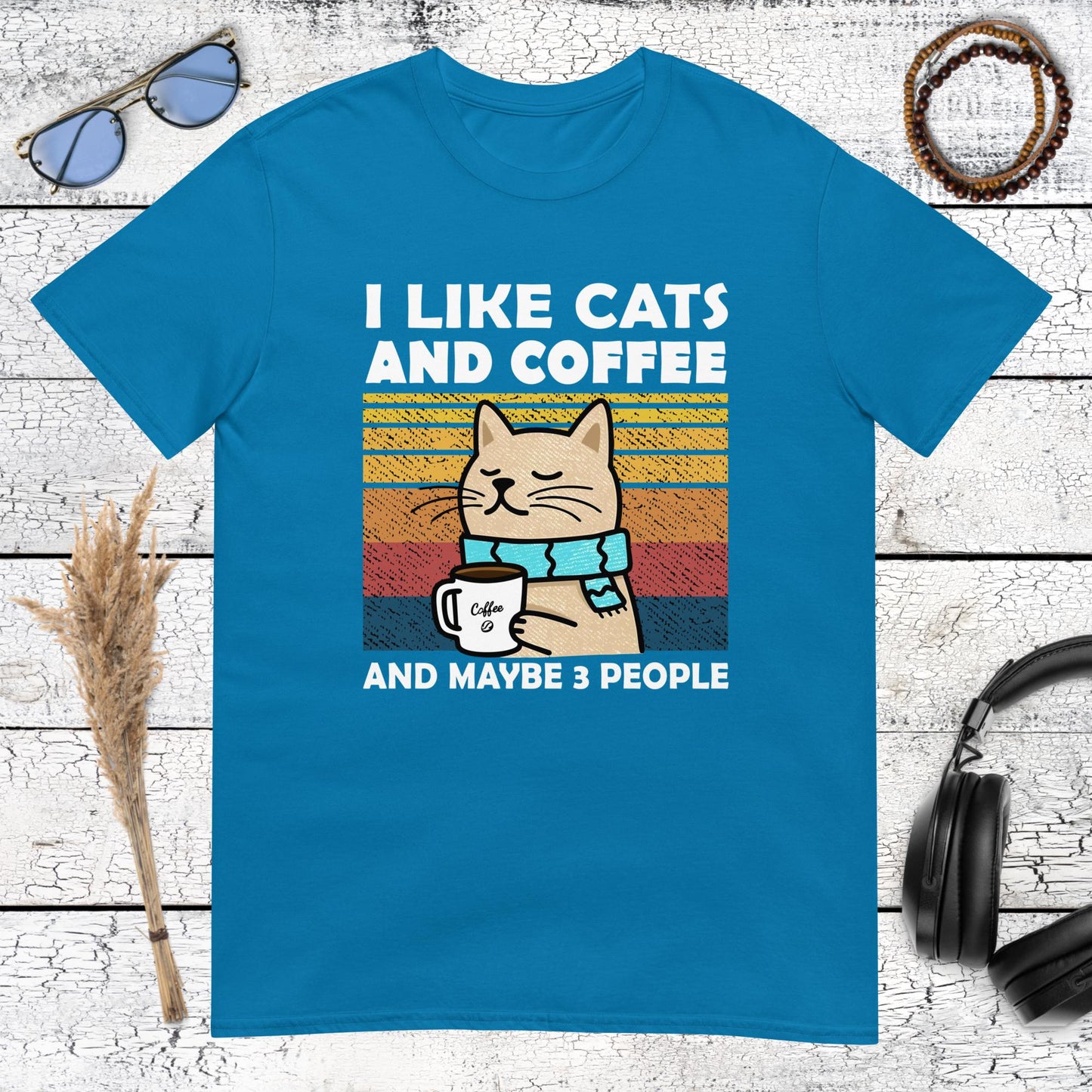 Retro cat and coffee illustration with humorous quote on a blue t-shirt