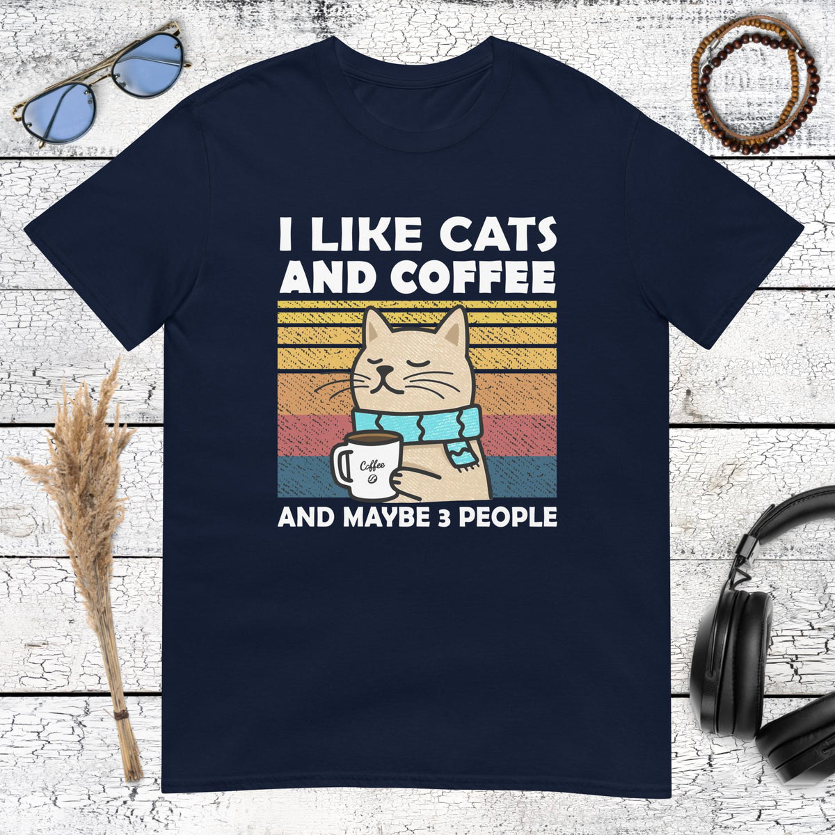 Retro cat illustration with I Like Cats and Coffee quote on a navy blue t-shirt