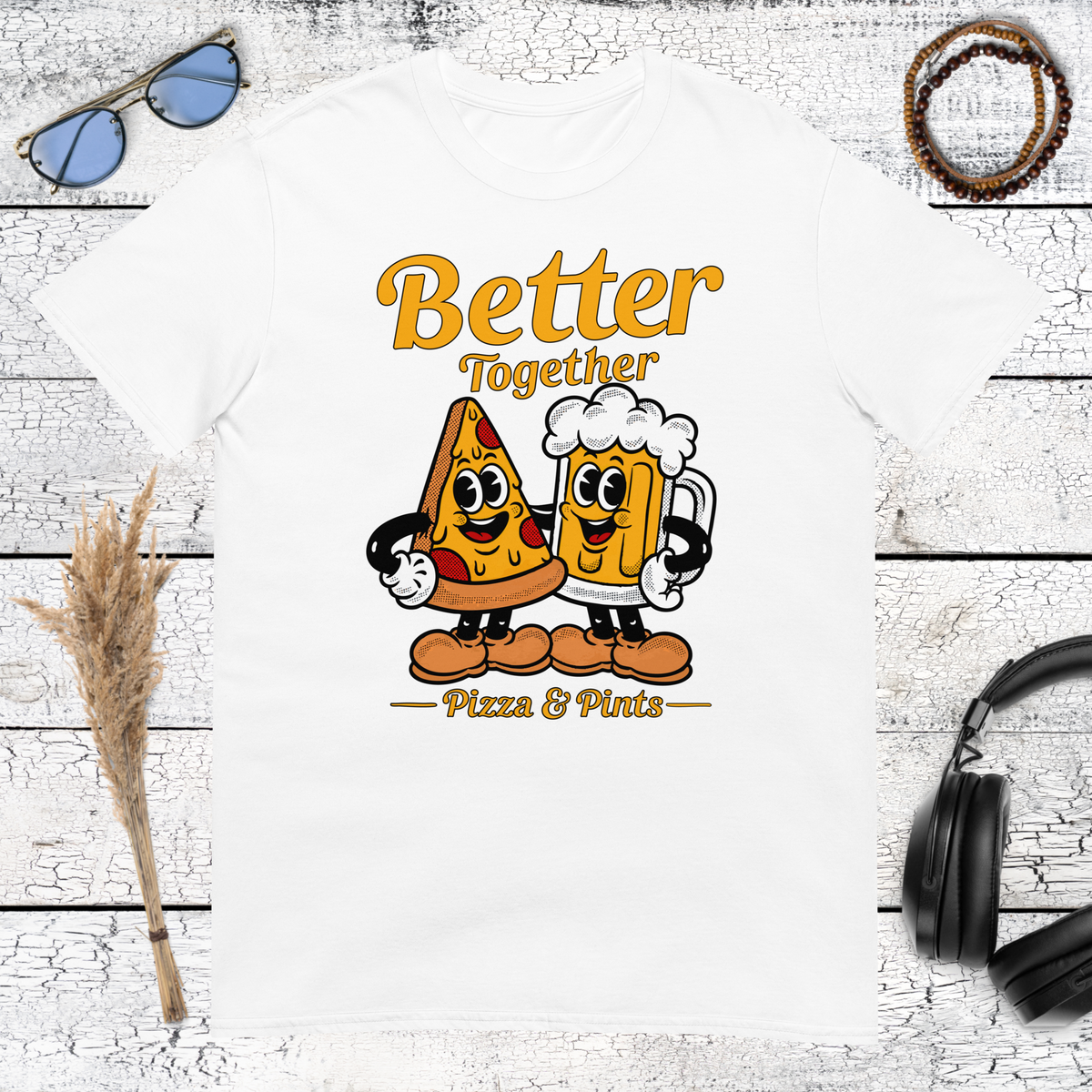Colourful pizza and beer graphic with Better Together lettering on a white t-shirt