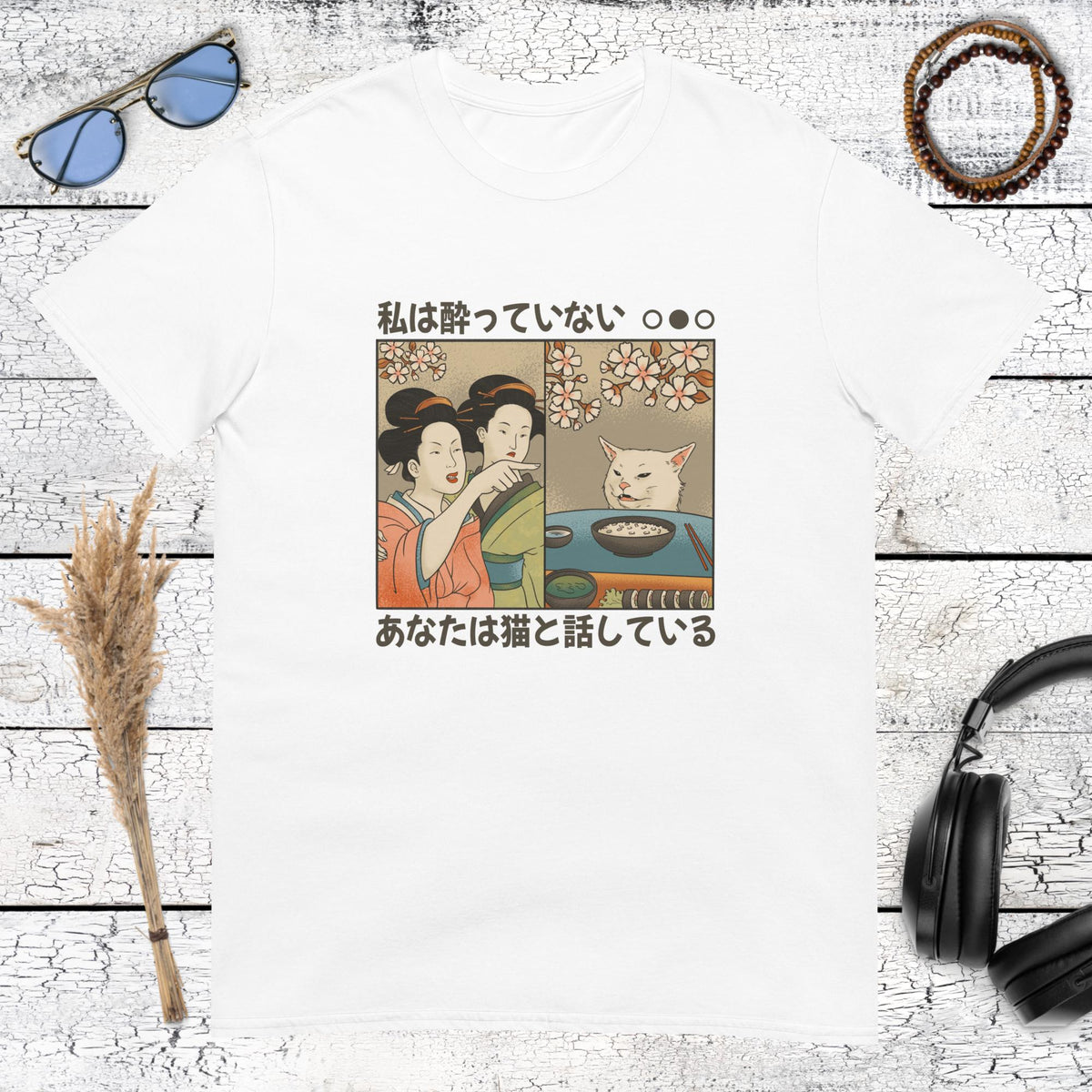 Traditional Japanese art style woman and cat meme on white t-shirt