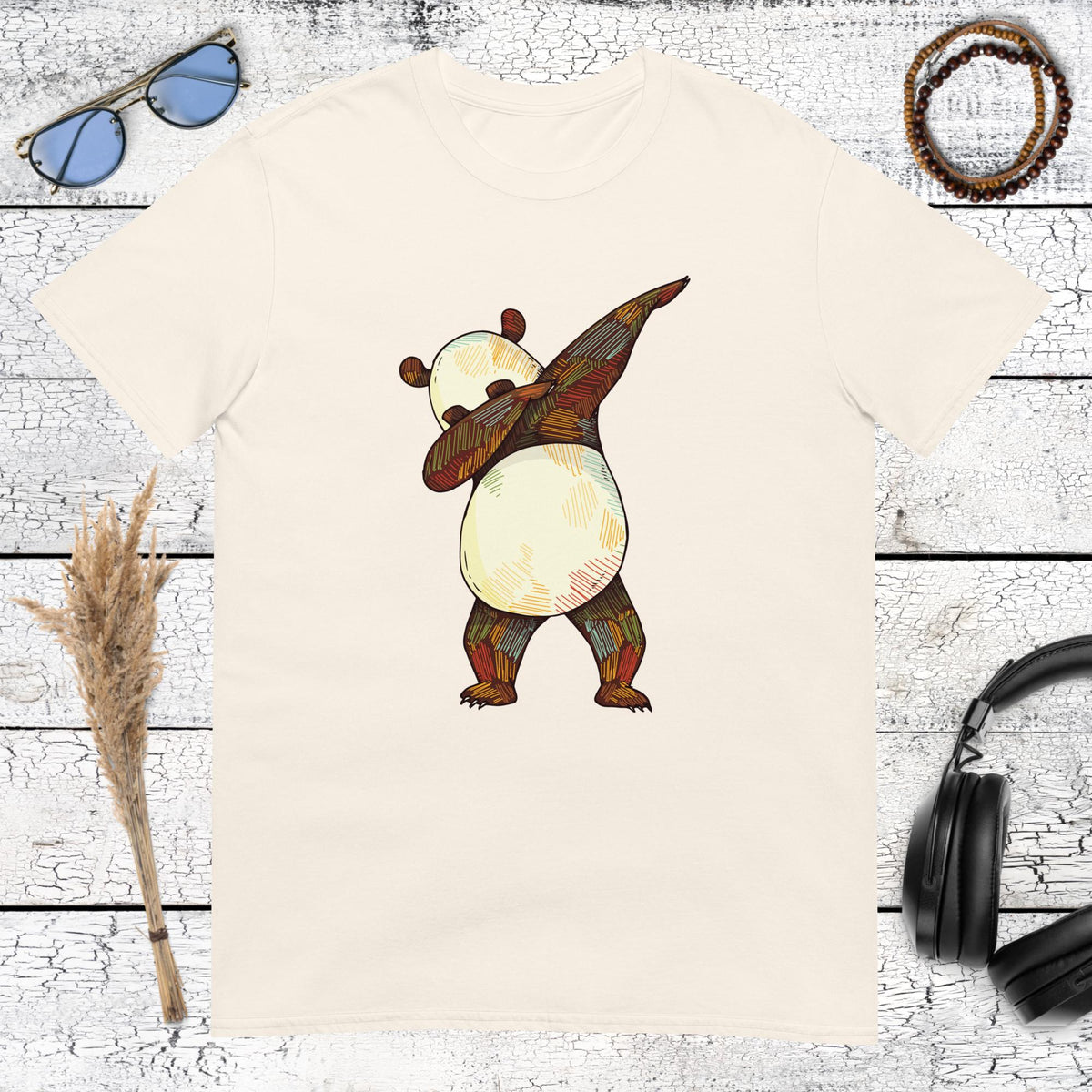 Watercolor style dabbing panda graphic printed on a natural cream cotton t-shirt