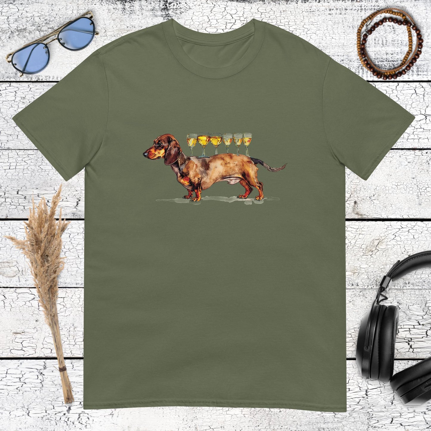 Unique outdoor style dog art with a dachshund and champagne on a military green t-shirt
