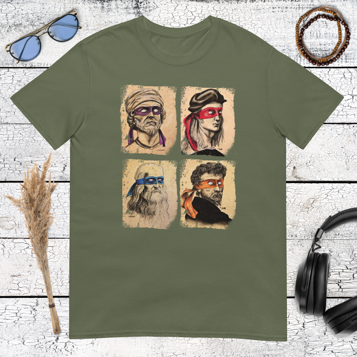 Pop culture art parody featuring four masked historical portraits on a military green t-shirt
