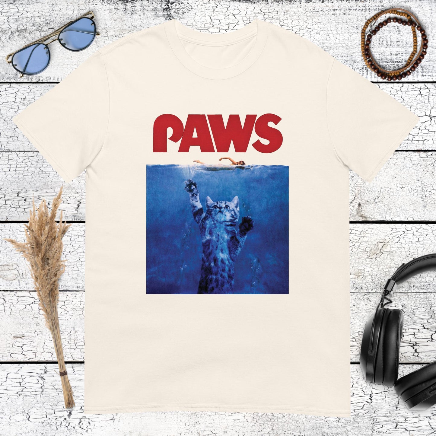 Funny PAWS animal movie parody graphic on a natural cotton t-shirt