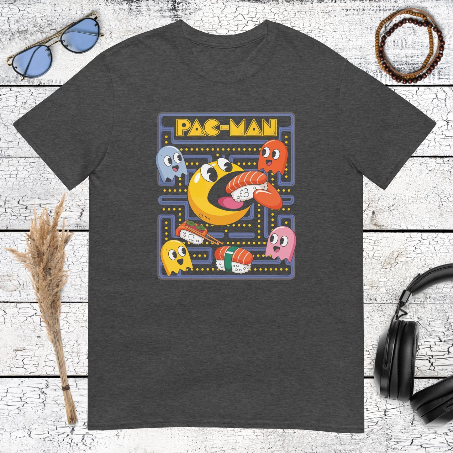 Retro game-inspired sushi artwork printed on a dark heather grey t-shirt