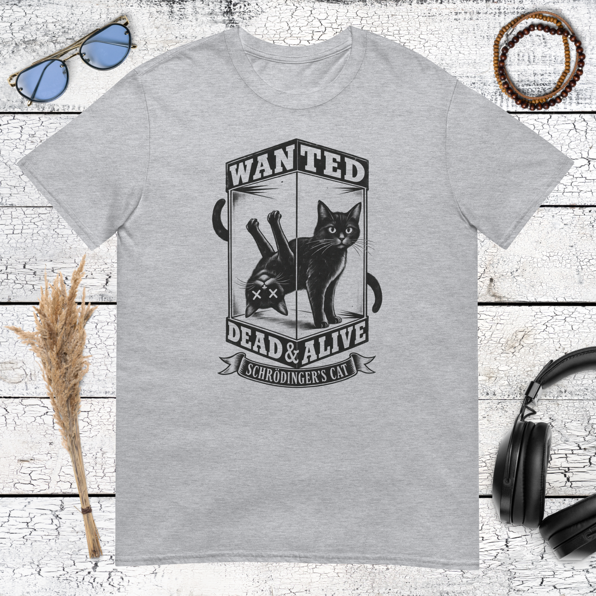 Humorous wanted cat illustration with bold vintage lettering on a sport grey t-shirt