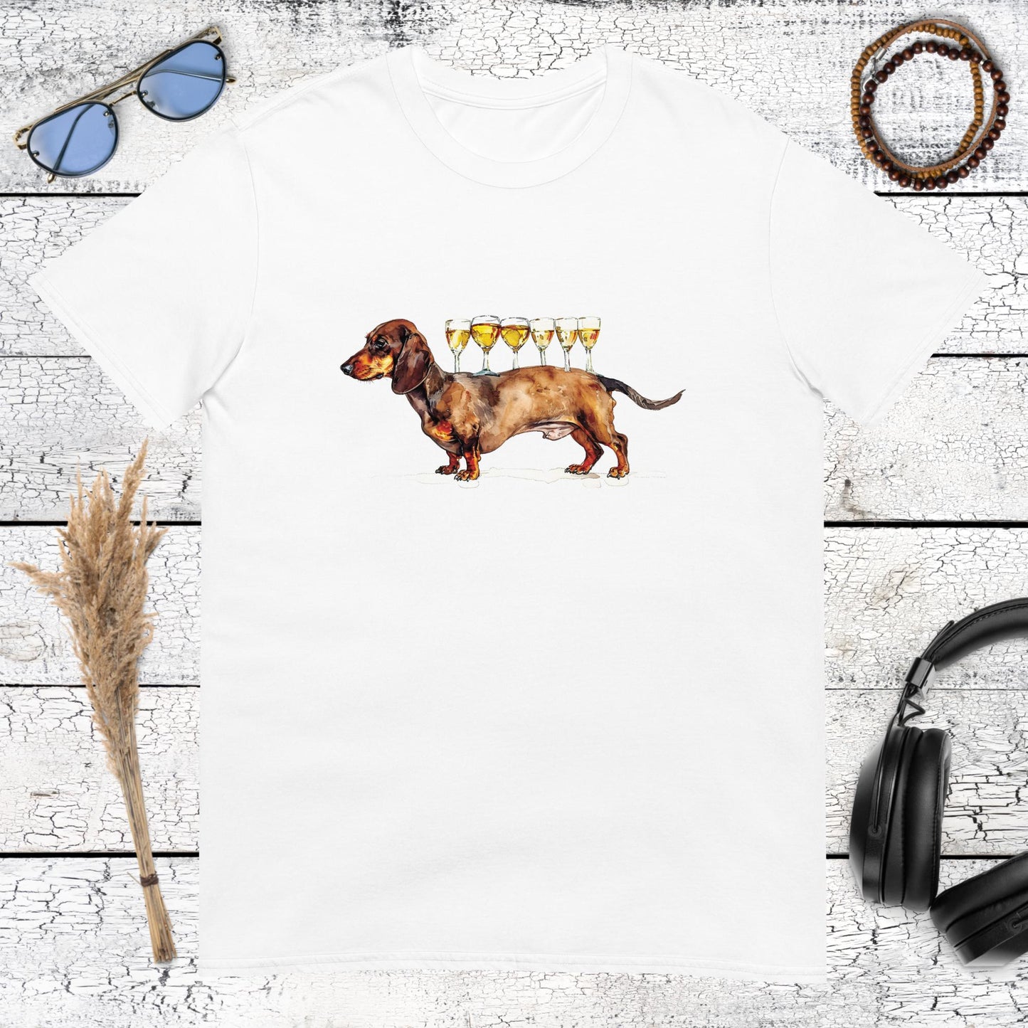 Cute sausage dog art with gold champagne flutes on a classic white t-shirt